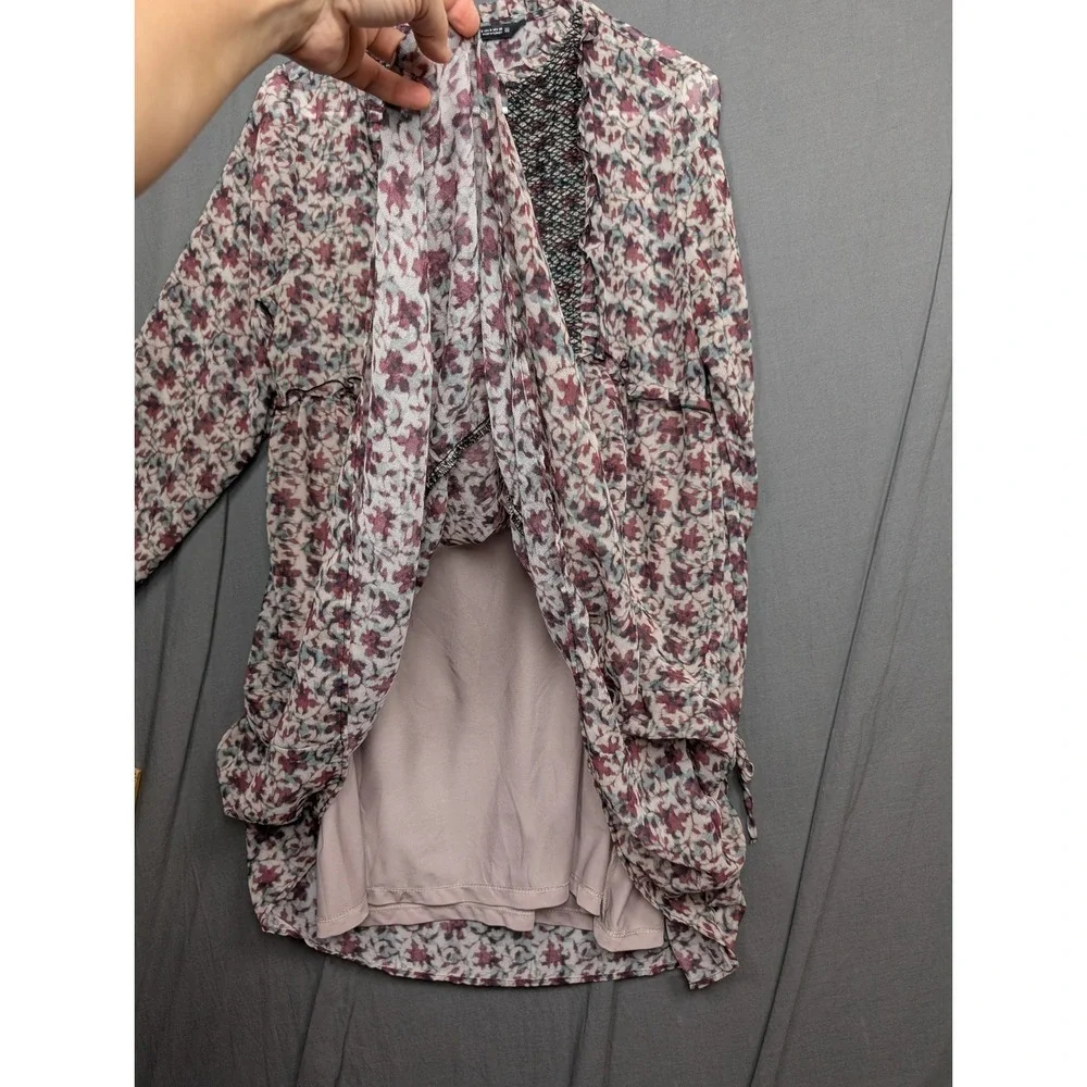 Zara Boho Printed Mini Dress Black Lace Bib Long Sleeve Pink/Burgundy Size Small